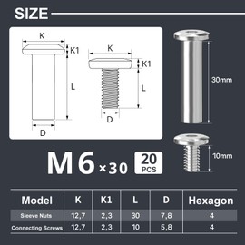 20Pcs M6 x 30mm Flat Head Hex Socket Cap Screws Bolts with Allen Wrench, 304 Stainless Steel Furniture Connector Bolts M6 Screw Barrel Nuts Kit Binding Screws for Crib Replacement Belt Cabinet