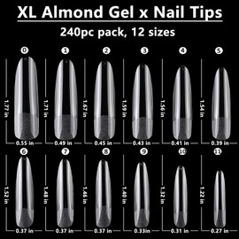 LuckForever 240pc XL Almond Gel X Nail Tips Clear Fake Nails Extra Long Almond Nail Tips Full Cover Artificial Fingernails XL Soft Gel False Nail Tips for Acrylic Nail Extension Press on Nail Making