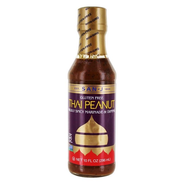 San-J Gluten Free Thai Peanut Sauce | Kosher, Non GMO, No Artificial Preservatives, FODMAP Friendly | Perfect Mildly Spicy Dipping Sauce for Your Favorite Dishes | 10 Fl Oz