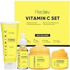 Healov- Kit de cuidado de la piel con vitamina C limpiador facial hidratante, exfoliante corporal, crema facial y antienvejecimiento                  