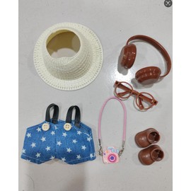 ebuddy Stylish 6-Piece Denim Dungaree Outfit for 17cm Plush Dolls - Includes Hat, Brown Headphones, Glasses, Shoes & Camera(Doll not Include)