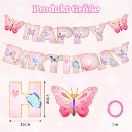 Butterfly Decoration Birthday Children with a Variety of Patterns such as Butterflies and Flowers, Happy Birthday Garland for Theme Parties for Girls, Birthday Decoration with Banners