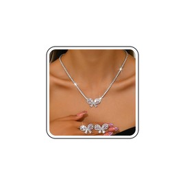 Janiasly Gorgeous Crystal Bow Jewelry Set Rhinestone Tennis Chain Necklace and Stud Earrings Vintage crystal Bow Knot Pendant Choker Necklace Bridal Wedding Accessories for Women (Pink)