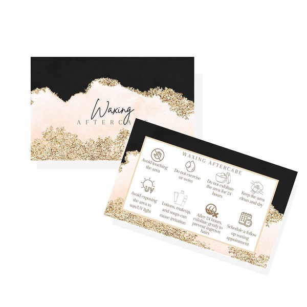 Boutique Marketing LLC Waxing Hair Removal Aftercare Cards | 50 Pack | Size 2x3.5” inches Business Card Size | Waxing Aftercare Kit Cards PMU | Black, Pink, and Gold Design