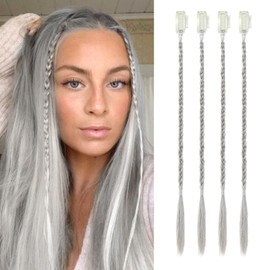 FLUFYMOOZ 4PC Braid in Hair Extension 14 Inch Clip in Braid Extensions for Women Synthetic Hairpieces for Daily Use Party Styling (Silver Grey)