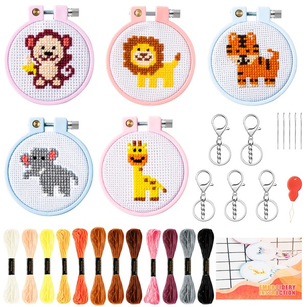 WATINC Embroidery Stitch Kit Cross Stitch Beginner Kit for Kids Stamped Cross Stitch Sewing Kit with Jungle Animals Pattern Needle Point Starter Kit Sewing Set with Instructions 9PCS