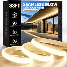 HeliosRibbon COB Led Neon Rope Lights 33ft 2800K Warm White, 110-120V Outdoor Waterproof Lighting Strip 600lm/m Super Bright, Cuttable and Adhesive, for Roof Bedroom Garden Commercial