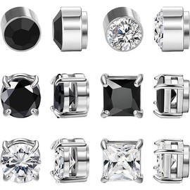 6 Pairs Stainless Steel Magnetic Stud Earrings for Men Magnetic Earrings Men Clip on Earrings Non Piercing Earrings Unisex CZ Magnetic Earrings - Style: F Black Silver (Round CZ Square CZ)