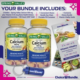 CHOICE BUNDLE Spring Valley Calcium 500 mg Plus Vitamin D 25 mcg Bone Health Dietary Supplement Gummies, 100 Ct 2 pk (200 Total) + Vitamin Guide and Pill Container (4 Items)!