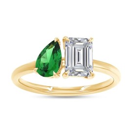 Toi Et Moi Ring For Women, Pear Shape Green Emerald Lab Grown Gemstone And Emerald Lab Created Moissanite Diamond Solitaire 2-Stone Engagement Ring In 14K Yellow Gold Over Sterling Silver-6