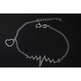 Aka Gioielli® - Women's Bracelet Heartbeat and Heart Pendant 925 Sterling Silver Rhodium-Plated Length 21 cm, 21 cm, Sterling Silver, without stone