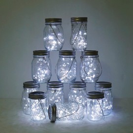 Decorman - Juego de 12 luces solares para tarro de cristal, 30 luces LED con 12 perchas para patio, patio, jardín, fiesta, boda, decoración de Navidad (tarros no incluidos) (12 unidades), color blanco frío
