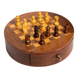 CHEHOMA - Round Mango Wood Chess Game - Chess Board with Drawer - Compact Travel Chess Set - Party Game in Stylish Vintage Design - 5 x 18 cm