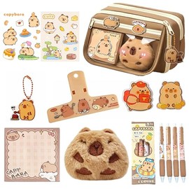 Capybara - Kit de estuche para lápices con muñeca de felpa, 20 calcomanías, 2 broches, notas adhesivas, bolígrafos y colgante, juego de papelería gran