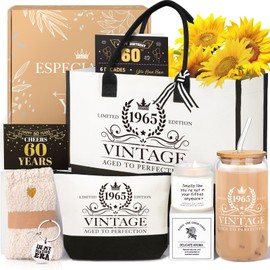 iAOVUEBY 60th Birthday Gifts for Her Women, Cool Gifts for 60 Year Old Woman, Sixty Birthday Tote Bag Glass Cup Candle Gift Basket Ideas Daughter Mom Sister Friend Wife Coworkers