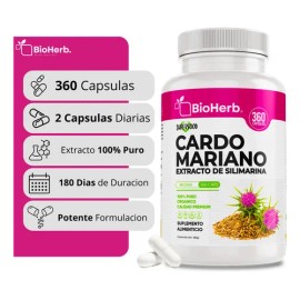 BioHerb | Cardo Mariano 100% Puro – Extracto de Silimarina Estandarizado De Alta Pureza, Extremadamente Eficaz – 360 Cápsulas (500 mg) – Suministro 18