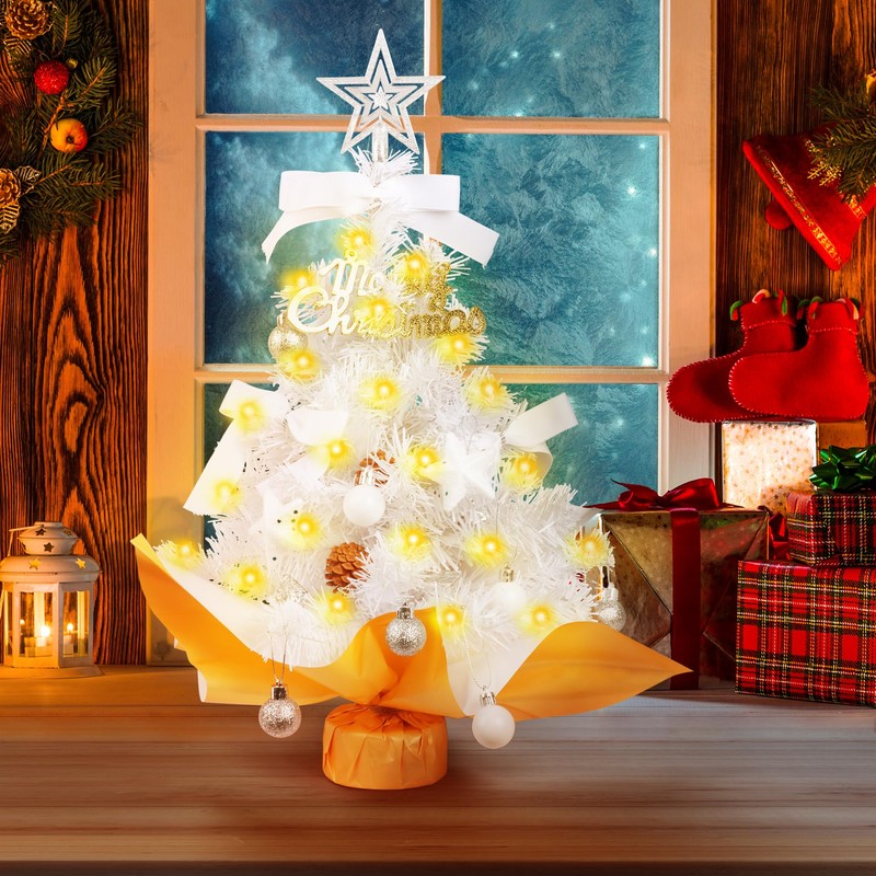 Mini Christmas Trees with Lights (White)