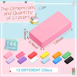 Resurhang 144 Pcs Erasers for Kids Bulk Pencil Erasers Pastel Colors Eraser Neon Colors Rubber Erasers for School Classroom Students Art Office Supplies(Multicolor)