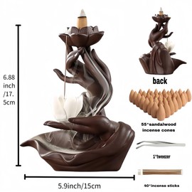 RE RELIURE Lotus in Hand Cermaic Backflow Incense Burner,Waterfall Incense Burner with 50 Sandalwood Backflow Incense Holder Cones + 40 Incense Sticks,Incense Waterfall Fountain for Zen Decor (1)