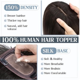 Benehair Hair Toppers for Thinning Hair Women 150% Density Real Human Toppers with Fringe 14 Inches 47g Hairs Off Black #1B