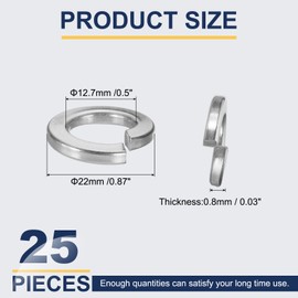 sourcing map 1/2 Spring Lock Washer, 304 Stainless Steel Split Lock Washers for Screws Bolts Cars Construction Machinery Silver Pack of 25