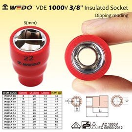 WEDO Insulated 3/8-inch Drive Socket,19mm,VDE 1000V Dipping Hex Socket,CR-V Steel,Length 46mm,Metric,Professional Electrical Tool,GS Certified