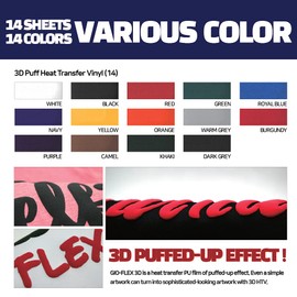 GIO-FLEX 3D Puff Vinyl Heat Transfer 10" x 12" - 14 Sheets Foaming HTV Assorted Colors Bundle/Variety Pack, Adhesive Vinyl, Iron-On Transfer, Heat Press with Cricut Silhouette Cameo