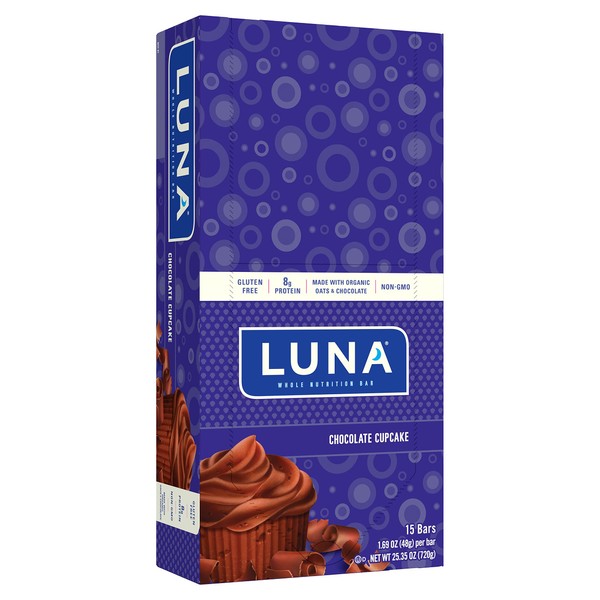 LUNA BAR - Gluten Free Snack Bars - Chocolate Cupcake -8g of protein - Non-GMO - Plant-Based Wholesome Snacking - On the Go Snacks (1.69 Ounce Snack Bars, 15 Count)