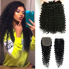Urshiney Deep Wave Human Hair Bundles With Closure Deep Curly Human Hair Weave Bundles Double Weft Brazilian Curly Bundles Human Hair Free Part 4x4 Lace Closure 18 20 22+16 Inch