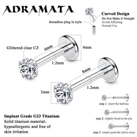 Adramata G23 Titanium Lip Piercing Labret Piercing Threadless Insertion Monroe Medusa Piercing CZ Opal Piercing Ear Small Nose Piercing Stud Conch Tragus Piercing Silver Helix Piercings Pack of 2,