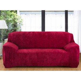 vctops 1-Piece Velvet Plush Stretch Sofa Slipcover with Elastic Bottom Soft Fuzzy Fluffy Couch Covers for 3 Cushion Couch Furniture Protector for Kids, Pet (Wine Red,Sofa)
