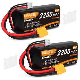 Crazepony 2S Lipo Battery 7.4V 2200mAh 50C Shorty Lipo Battery with XT60 Connector Soft Pack for 1/16 Slash RC Car RC Truck RC Helicopter Airplane Quadcopter Drone RC Boat Racing Models - 2 Pack