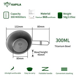 KAPILA 300ml Titanium Bowl with Folding Handle Outdoor Camping Picnic Dishes Portable Tableware