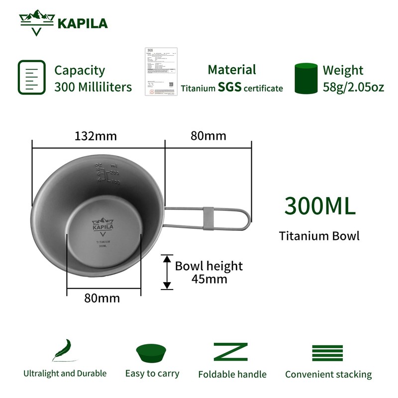 KAPILA 300ml Titanium Bowl with Folding Handle Outdoor Camping Picnic