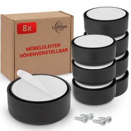 LouMaxx Furniture Feet Height Adjustable - Feet for Furniture Diameter 53.5 mm Made of Plastic - High-Quality Furniture Raiser for Gluing or Screwing - Set of 8 Sliding Feet in Black Includes Mounting