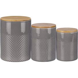 PBK Farmhouse Syle Set of 3 Gray Glaze Design Stoneware Canisters With Wooden Lids
