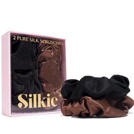 SILKIE Juego de 2 coleteros de seda de morera 100% pura, color crema, rosa, café, negro, grande, de gran tamaño, de seda, para viajes, para el cabello