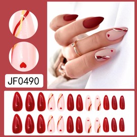 Valentine's Day Press on Nails Medium Length Almond Red Heart Fake Nails with Gold Lines Wave Design French Tip Stick on Nails Acrylic Glue on Artificial Nails False Nails for Women 24 Pcs
