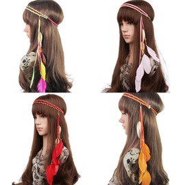 Song Qing Women Feather Leaf Tassels Braided Hippie Headband Hair Accessories