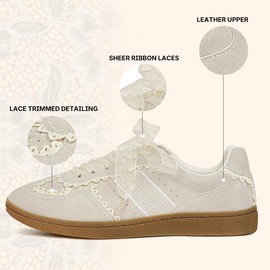 Casual Sneakers for Women Lace Detail – Elegant Ribbon Lace-Up Womens Sneakers with Leather Upper Memory Foam Insole and Slip On Casual Shoes for Women Ivory