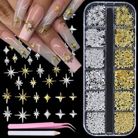 MOLILON 2 Boxes/12 Grids 3D Star Nail Charms for Nail Art, Acrylic Stars Nail Art Charms and Gems with Pick Up Pen & Tweezer, Spring Blossom Petal for Women DIY Manicure Decorations Supplies