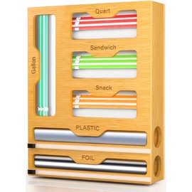 KOCWELL Bag Organizer and Plastic Wrap Dispenser with Cutter, 6 In 1 Bamboo Foil and Plastic Wrap Organizer for Kitchen Drawer, Food Storage Bag Organizer for Gallon,Quart,Sandwich,Snack(Yellow)