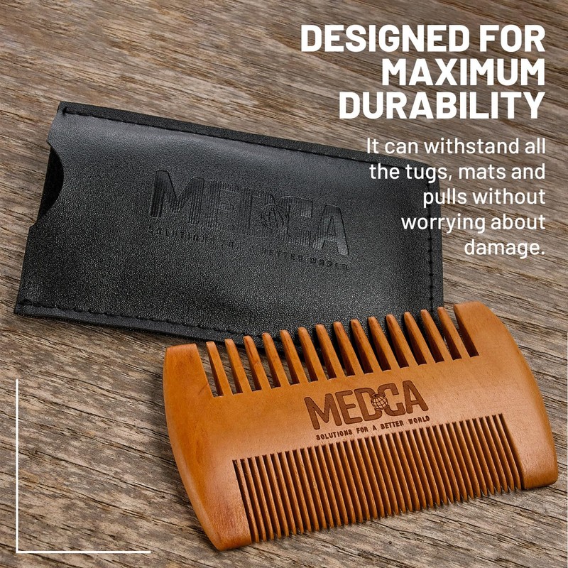 Beard Comb for Men Solid Beech Wood Handmade with Leather