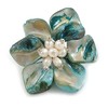 50mm/Turquoise Blue Shell with Freshwater Pearl Bead Asymmetric Flower Brooch/Handmade/Slight