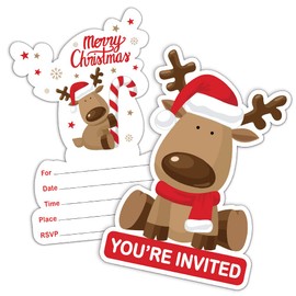 24REWIDPARTY Christmas Elk Party Invitation Cards with Envelopes（Set of 15）Merry Christmas Shaped Fill-in Invitations Christmas Party Supplies Decorations Party Celebration Cards for Kids Teens Adults