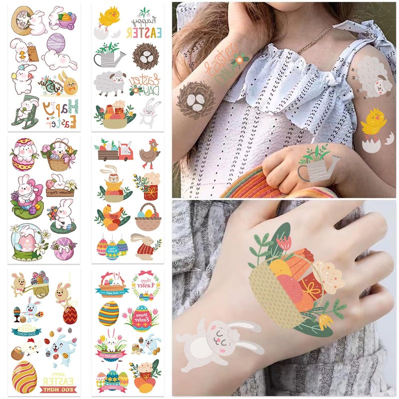 10 Sheets Happy Easter Temporary Tattoos Bunny, Egg, and Fun