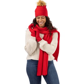 Fishers Finery Women's 3 piece Pure Cashmere Pom Beanie Hat Glove & Scarf Set (Cardinal Red)