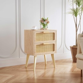 YAUKOMEL Rattan Nightstand Set of 2,Side Table with Hand Made Rattan Decorated Drawers,Boho Bedside Table,Wood Accent Table with Storage for Small Space,Livingroom, Bedroom, Natural CTG59Y-2