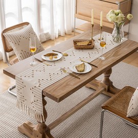 Boho Table Runner, Natural Cotton Woven Runner with Tassels Fall Long Table Runner Elegant Table Decor for Farmhouse Kitchen Dining Room Table Bedroom