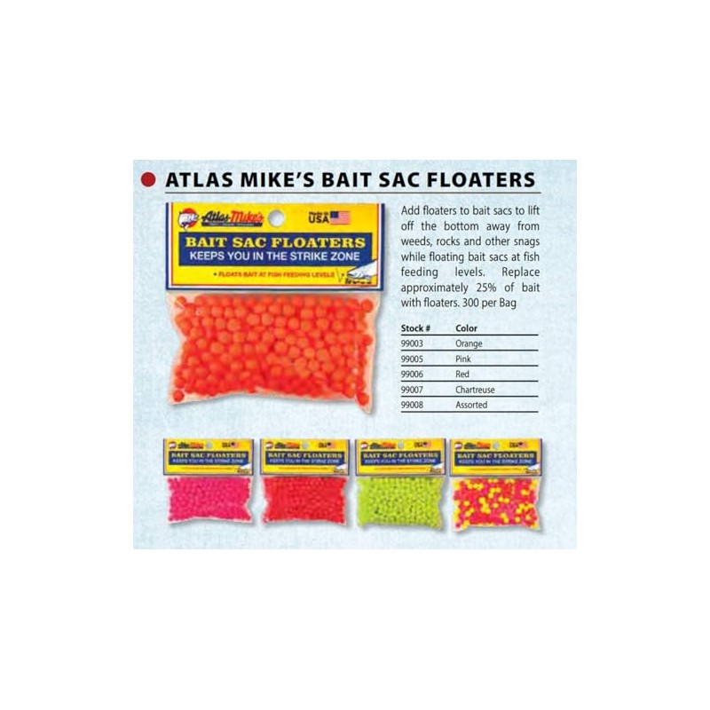 Atlas Mike's Assorted Bait Sac Floaters, Red/Yellow/Pink/Orange